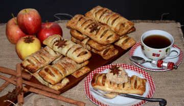 Картинка еда пирожные +кексы +печенье слойки чай яблоки корица