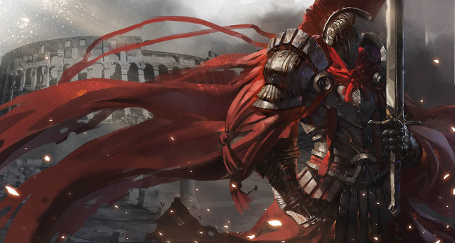 Обои картинки фото фэнтези, люди, шлем, колизей, меч, доспехи, рыцарь