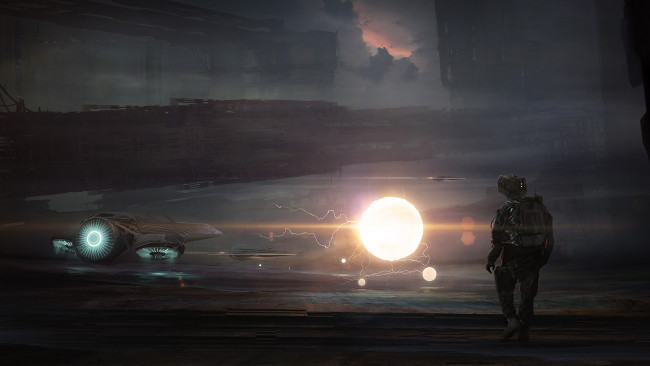 Обои картинки фото фэнтези, космические корабли,  звездолеты,  станции, космическая, астронавт, корабль, станция, молния, будущее, шаровая