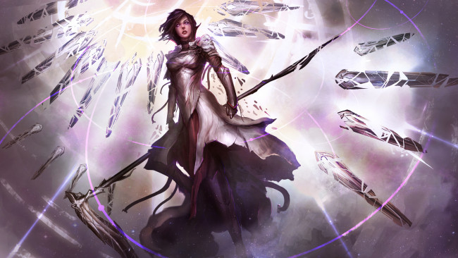 Обои картинки фото фэнтези, магия, кристаллы, доспехи, оружие, девушка