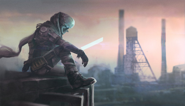 Обои картинки фото фэнтези, люди, иной, мир, трубы, здания, человек, комбинезон