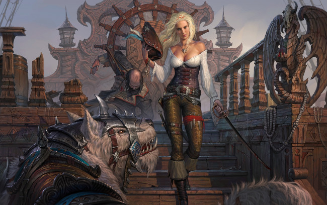 Обои картинки фото фэнтези, красавицы и чудовища, шпага, штурвал, женщина, шляпа, пират, корабль