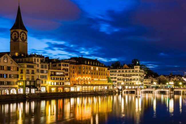 Обои картинки фото города, цюрих , швейцария, ночь, zurich, река, дома, цюрих, switzerland, огни