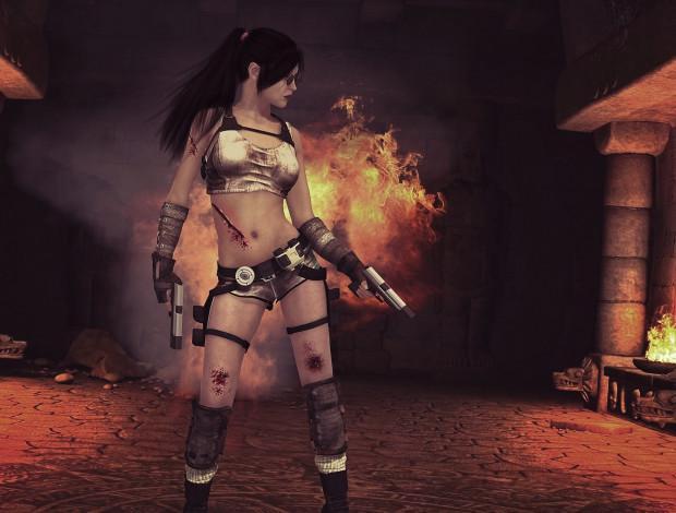 Обои картинки фото видео игры, tomb raider,  the angel of darkness, оружие, девушка, крофт, лара, игры, огонь
