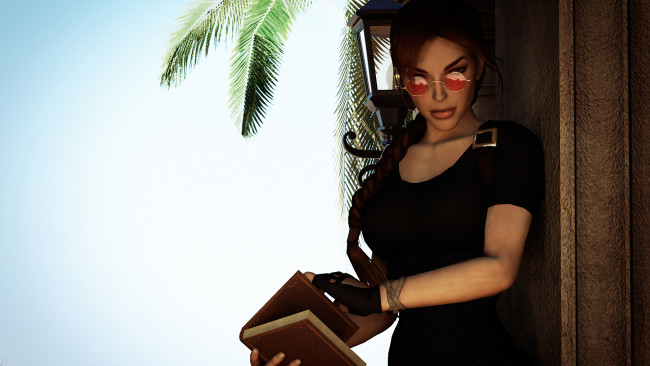 Обои картинки фото видео игры, tomb raider,  the angel of darkness, фон, девушка, книга, очки, взгляд