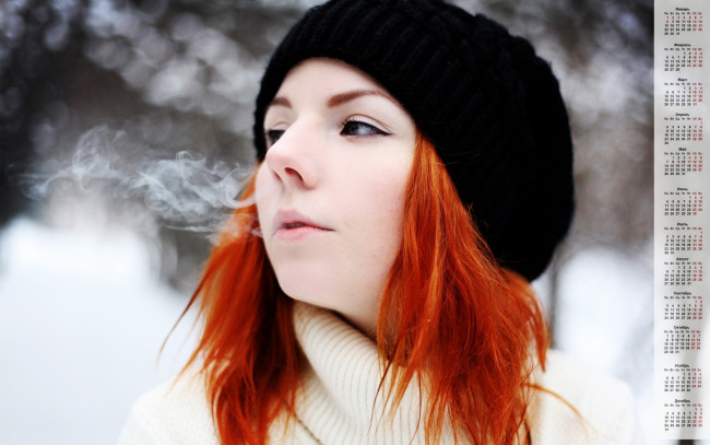 Обои картинки фото календари, девушки, мороз, шапка, лицо