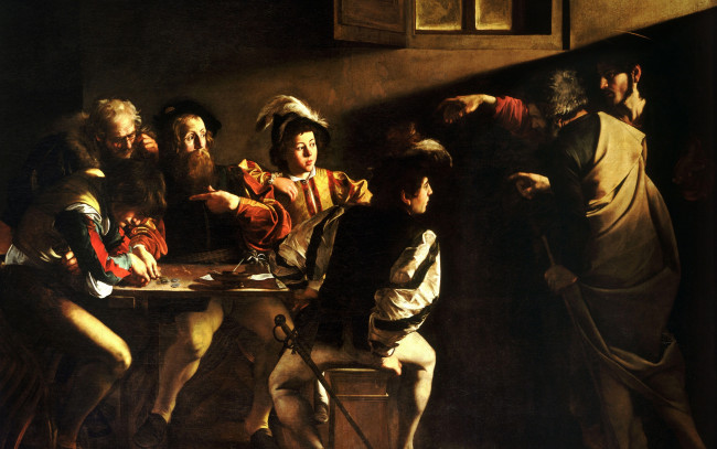 Обои картинки фото рисованное, michelangelo, картина, микеланджело, меризи, да, караваджо, мифология, призвание, апостола, матфея