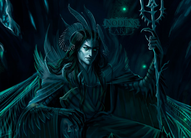 Обои картинки фото фэнтези, демоны, демон, рога, трон, посох