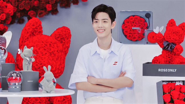 Обои картинки фото мужчины, xiao zhan, актер, розы, фигурки, презентация, стол