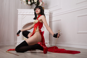 обоя momo, девушки, образ, костюм, камин, цветы