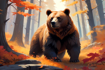 обоя рисованное, животные,  медведи, медведь, лес, осень, деревья, листья, камни