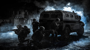 обоя рисованное, армия, спецназ, омон, транспорт, дома, оружие