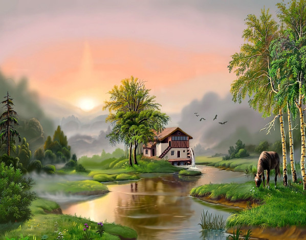 Обои картинки фото рисованное, виктор цыганов, дом, река, лес, горы, деревья, лошадь