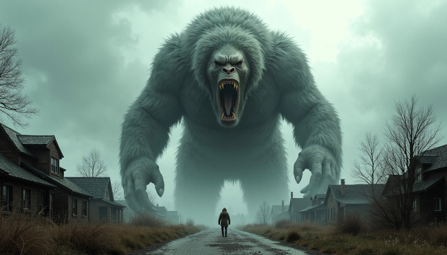 Обои картинки фото 3д графика, фантазия , fantasy, дома, поселок, дорога, человек, монстр, горилла, туман