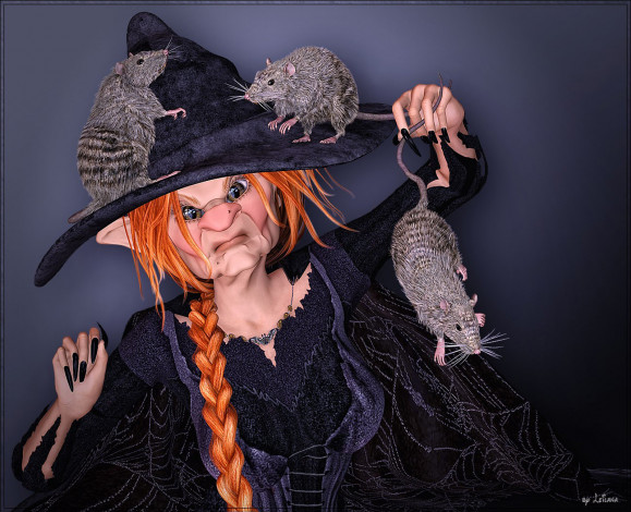 Обои картинки фото 3д, графика, fantasy, фантазия, старушка, крысы