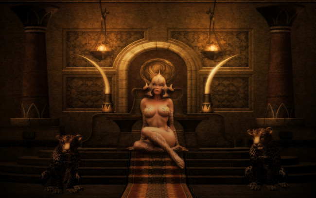 Обои картинки фото 3д, графика, fantasy, фантазия, девушка, лесница, леопарды