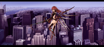 Картинка by tyappygain аниме weapon blood technology небо девушка киборг здания оружие город крылья река