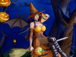Картинка 3д+графика праздники+ holidays девушка взгляд фон ведьма тыква шляпа метла