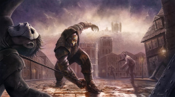 Картинка фэнтези люди арт город битва парни кнут нападение маска брусчатка