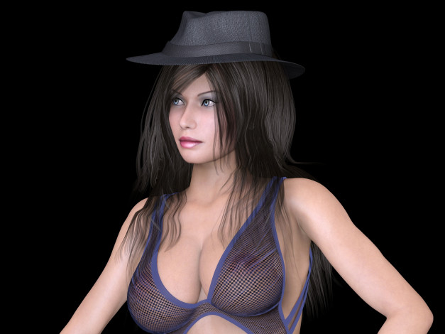 Обои картинки фото 3д графика, люди , people, шляпа, фон, взгляд, девушка