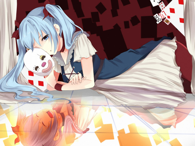 Обои картинки фото аниме, vocaloid, карты, лежа, эмоции, отражение, маска, девушка, hatsune, miku, вокалоид, ddrgs, 237, арт