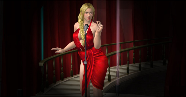 Обои картинки фото 3д графика, люди , people, девушка, взгляд, фон, платье, микрофон