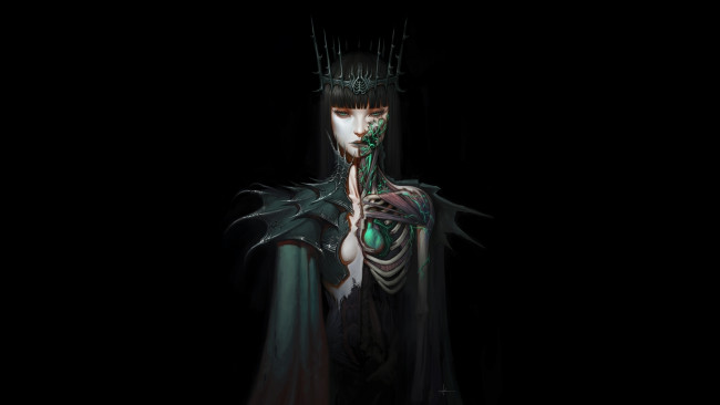 Обои картинки фото фэнтези, нежить, skeleton, crown, корона, зеленая, кровь, green, blood, сердце, heart, вены, жилы, женщина, мышцы, veins, скелет, muscles, мускулы