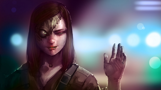 Обои картинки фото фэнтези, роботы,  киборги,  механизмы, хитрая, sly, девушка, girl, киберпанк, без, кожи, skinless, череп, skull, киборг, арт, cyborg, surrender, прищур, squint, art, by, darrengeers, eyeball, глазное, яблоко, сдается, cyberpunk, sci-fi, фантастика, рисунок