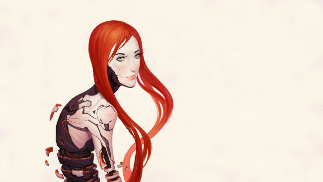 Обои картинки фото фэнтези, роботы,  киборги,  механизмы, сборка, assembling, незавершенная, details, киборг, cyborg, рыжая, фантастика, redhead, girl, девушка, киберпанк, cyberpunk, sci-fi, рисунок, арт, art, incomplete, by, adriandadich, детали, гиноид, gynoid, андроид, android