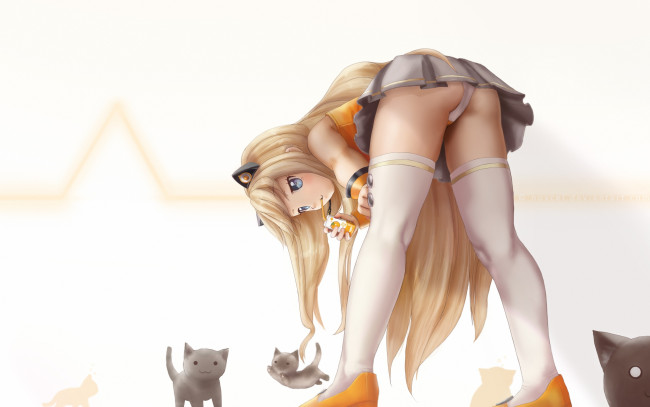 Обои картинки фото аниме, животные,  существа, котик, фон, взгляд, девушка