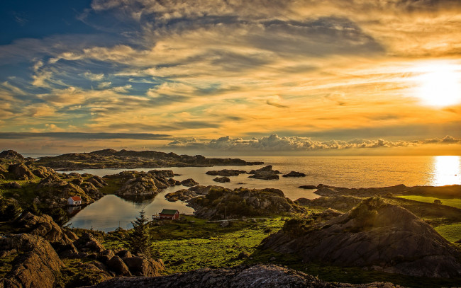 Обои картинки фото природа, восходы, закаты, пейзаж, панорама, домики, облака, закат, побережье