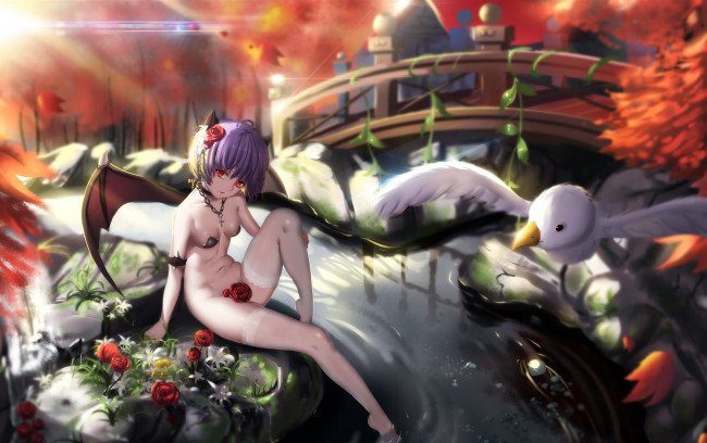 Обои картинки фото аниме, touhou, птица, девушка, арт, река, мрст, розы, remilia, scarlet, эротика, природа, hk, zxd0554