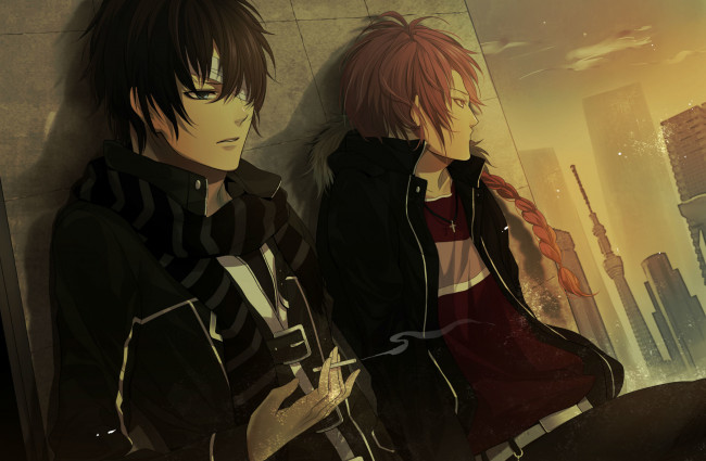 Обои картинки фото аниме, gintama, бинты, повязка, ожидание, сигарета, город, парни, kamui, takasugi, shinsuke