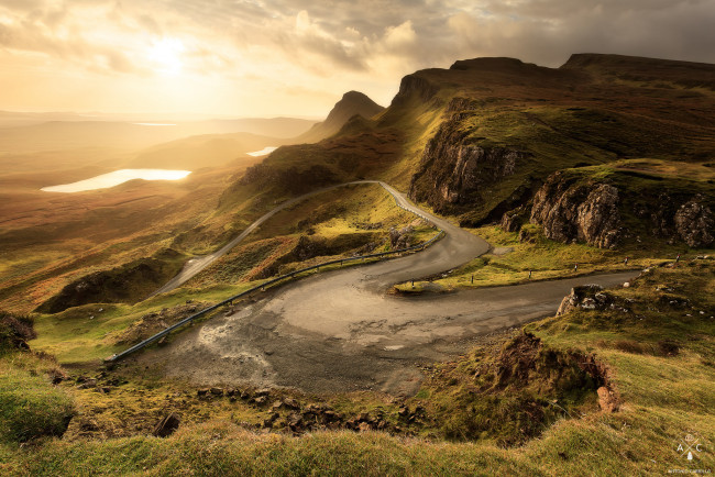 Обои картинки фото природа, восходы, закаты, горы, склон, утро, дорога, восход