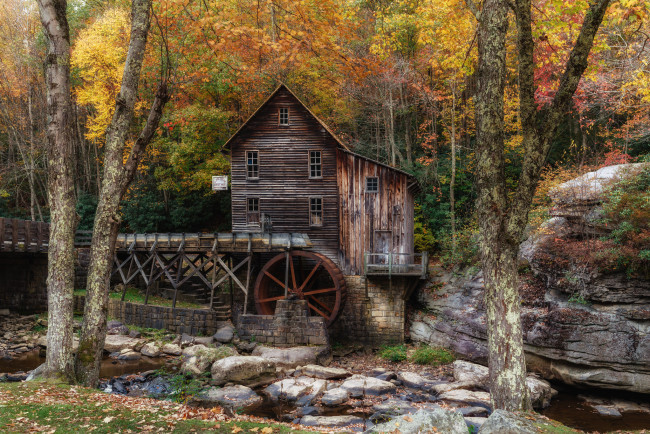 Обои картинки фото разное, мельницы, лес, река, мельня