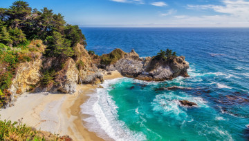 Картинка водопад+макуэй природа побережье пляж скалы деревья камни море берег