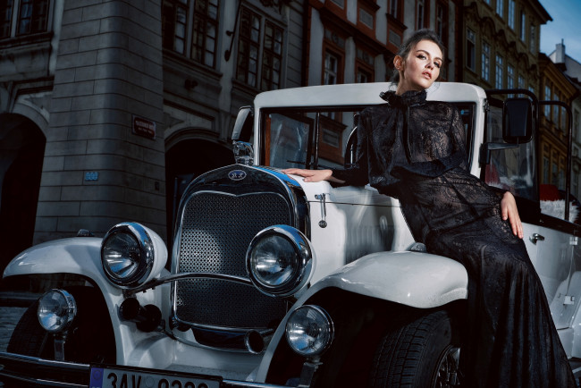 Обои картинки фото автомобили, -авто с девушками, машина, авто, платье, стиль, ретро, девушка
