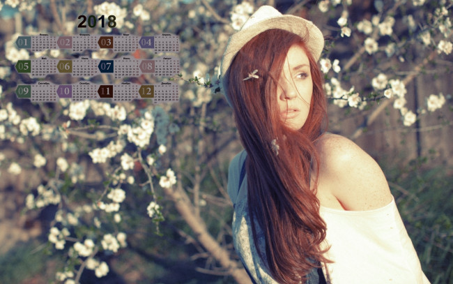 Обои картинки фото календари, девушки, цветки, дерево, шляпа, взгляд, 2018