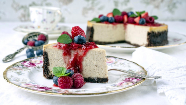 Обои картинки фото еда, торты, чизкейк, малина