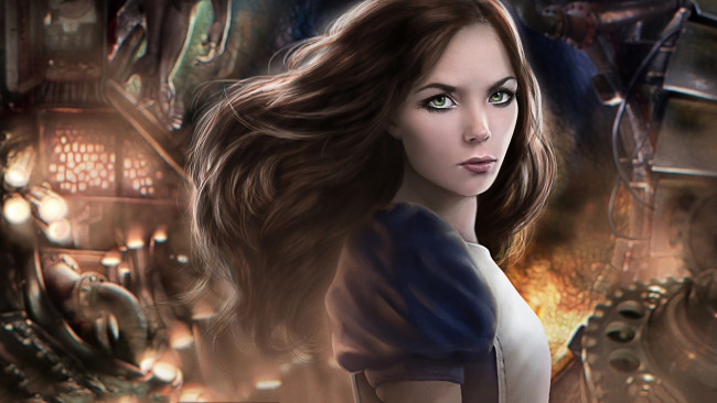 Обои картинки фото видео игры, alice,  madness returns, взгляд, фон, девушка