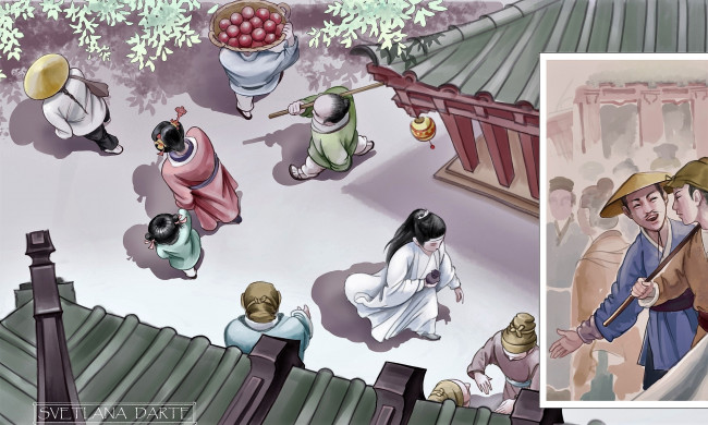 Обои картинки фото рисованное, кино,  мультфильмы, лань, ванцзи, мешочек, улица, люди