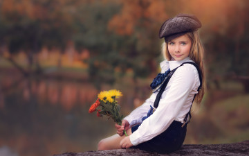 Картинка разное дети девочка букет цветы берет