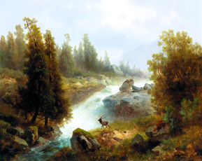 обоя рисованное, josef thoma, лес, деревья, река, осень, камни, олень