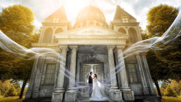 обоя разное, мужчина женщина, жених, невеста, шлейф, замок, парк