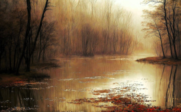 обоя рисованное, природа, деревья, река, туман, лес, листья, осень