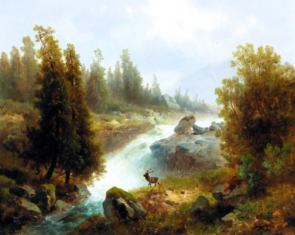 Обои картинки фото рисованное, josef thoma, лес, деревья, река, осень, камни, олень