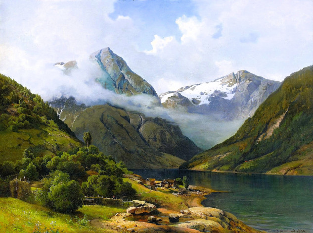 Обои картинки фото josefina holmlund fjord landscape with farm environment, рисованное, живопись, горы, река, дома, деревья