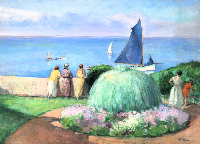Обои картинки фото henri lebasque - la voile bleue prefailles, рисованное, henri lebasque, женщины, сад, ограда, море, яхты