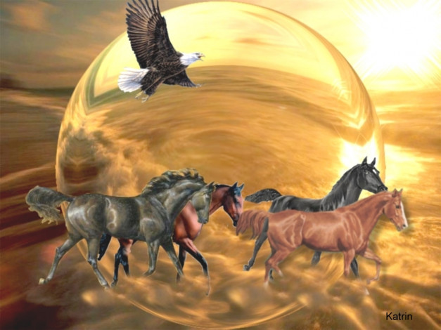 Обои картинки фото freedom, рисованные, животные, лошадь, орел