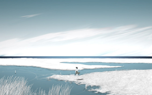 Обои картинки фото аниме, *unknown, другое, девушка, поле, облака, трава, вода